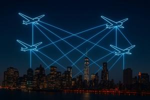 Airborne drones cross-connected by focused RF beams above image of urban environment.