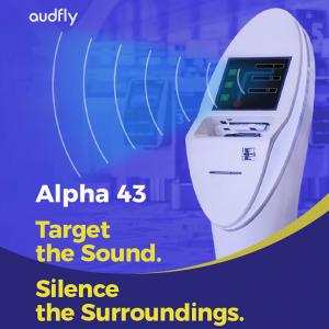 Alpha43 directional sound module integrated into a digital interactive terminal for precise audio projection