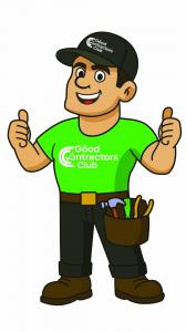 The GCC mascot - 'GC' giving a double thumbs up wearing a black baseball cap with the The GCC logo in white, a green shirt with the The GCC logo in white, black pants, and brown work boots. His illustration style is classic color blocks with a black outli