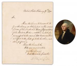 George Washington signed letter dated February 20, 1790, addressed to a state governor, possibly North Carolina state governor Alexander Martin. Estimate: $24,000-$35,000.