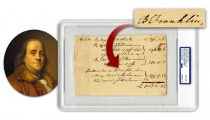 Benjamin Franklin signed document dated April 23, [1755], recording the number and type of supplies purchased for General Braddock’s disastrous and deadly Pittsburgh campaign, in paper money, silver coins, and Spanish and Brazilian-minted gold coins. Esti