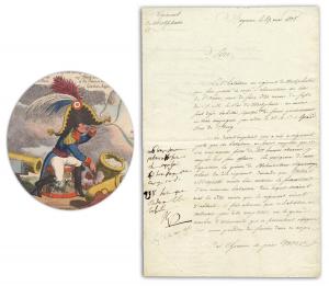 Manuscript document in French featuring a 22-word note signed by French Emperor Napoleon Bonaparte, dated May 19, 1808 regarding the formation of a new battalion of Westphalian recruits, one of three items signed by Napoleon in the sale. Estimate: $7,000-