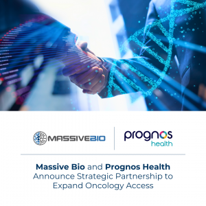 Massive Bio and Prognos Health announce strategic partnership to expand oncology access, featuring a handshake overlaid with DNA strands and digital data graphics, along with the logos of both companies.