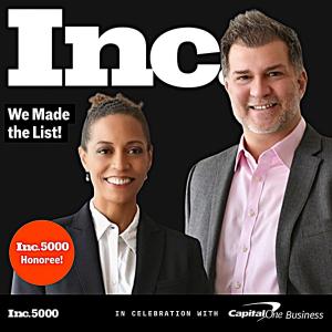 Nasutsa Mabwa and Sam Simon of ServiceMaster Restoration By Simons smiling in professional attire, standing in front of a black background with the Inc. 5000 and Capital One Business logos, celebrating the company’s recognition as a 2025 Inc. 5000 honoree