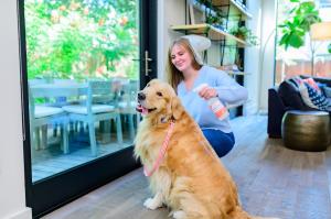 Woman sprays Wondercide Flea & Tick for House & Home to prevent ticks indoors.