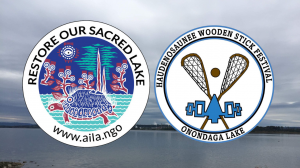 The event logos super imposed over an image of Onondaga Lake