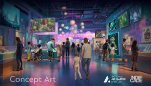 Concept art of a National Animation Museum and IndieCade exhibit