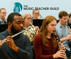 Image of diverse music teachers playing instruments in an ensemble with the Music Teacher Guild logo hovering at the top of the image.
