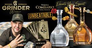 Grinder Sports his Favorite Tequila Brand Comisario during world record making WSOP win