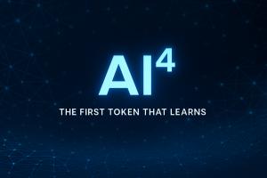 AI⁴ logo and branding with tagline “The First Token That Learns” displayed over an abstract neural network and digital grid background.