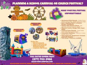 Colorful Dino Jump USA fall festival flyer showing carnival ride rentals, bounce house rentals, inflatable games for rent, and concessions for school, church, and community events in Houston.