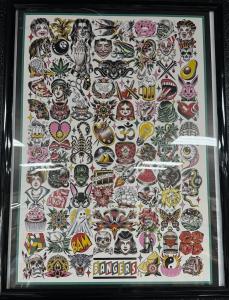 Sheet of flash tattoo designs including daggers, hearts, skulls, and roses in American Traditional style