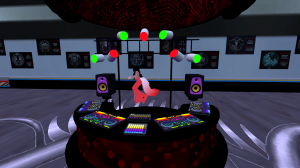 Ferry Godmother having fun on the roller rink, circling the DJ booth