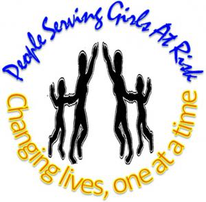 People Serving Girls at Risk logo, says 'changing lives, one at a time' and features small graphic of four black silhouettes with their arms raised.