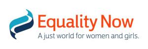 Equality Now logo - Equality Now written in red font, underneith in dark blue smaller writing it says "A just world for women and girls"