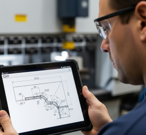 a tablet displaying a DXF drawing for sheet metal fabrication