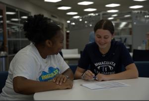 Two Immaculata students studying together in Gabriele Library