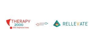 The logos for Therapy 2000 (red and blue text with a red exclamation point) and Rellevate (a geometric green and orange icon with blue text) are shown side-by-side, linked by a red and blue double-headed arrow.