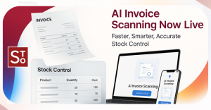 Hospitality inventory software interface showing StockTake Online’s AI invoice scanning tool for automated data capture, real-time stock control, and multi-site management.