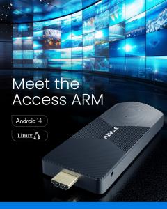 Azulle Access ARM industrial-grade mini PC stick displayed in front of a large wall of digital screens, featuring Android 14 and Linux compatibility