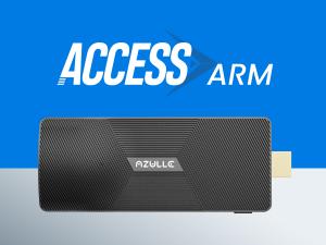 Azulle Access ARM industrial-grade mini PC stick displayed on a blue background with the Access ARM logo, highlighting its compact design.