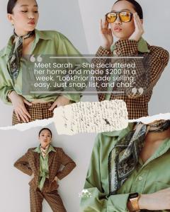 Collage-style image of a stylish woman named Sarah wearing a green shirt, patterned suit, and scarf, with text describing how she made $200 in a week by selling items on LookPrior Marketplace.