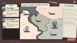 The image shows the Reporter Assignment screen with the City Map in the game where you direct your staff reporters to find news stories