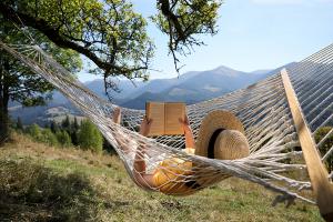 Relaxing in the mountains on vacations reading a book.