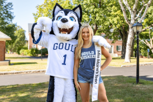 Miss Maine's Teen 2025, Alana LaCourse, with Gould Academy's mascot on boarding high school campus in Bethel, Maine.