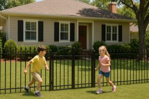 Residential home in Southeast Louisiana with a secure iron fence, children playing safely inside.