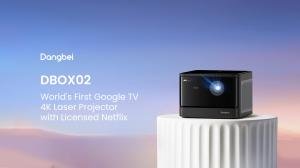 Dangbei DBOX02, the world’s first Google TV 4K laser projector with licensed Netflix, featuring ultra-sharp visuals, 2450 ISO lumens brightness, and immersive home cinema design.