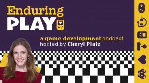 The Enduring Play Podcast logo, which includes the play button triangle in the P and A and a small logo of a handheld game console. The subtitle reads "a game development podcast hosted by Cheryl Platz". The background is purple and the bottom features a
