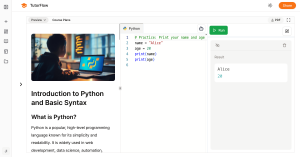 Screenshot of TutorFlow displaying a Python lesson and coding exercise with output