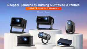 Visuel promotionnel des projecteurs Dangbei pour la Semaine du Gaming et les Offres de la Rentrée sur Amazon France, avec jusqu’à 200 € de réduction du 20 août au 2 septembre 2025.