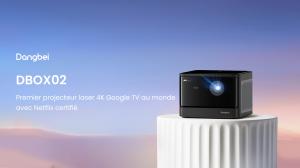 Projecteur Dangbei DBOX02, premier projecteur laser 4K Google TV au monde avec Netflix certifié. Il offre une résolution 4K ultra nette, 2450 lumens ISO et une expérience cinéma à domicile immersive.