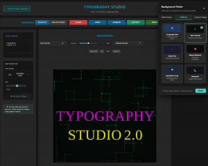 Typography Studio 2.0 interface with background picker modal open showing Tech Circuit pattern, magenta and yellow text, and multiple mathematical pattern options