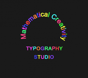 Circular text display showing Mathematical Creativity in colorful letters arranged in circle with DBSCAN clustering and Typography Studio linear text below