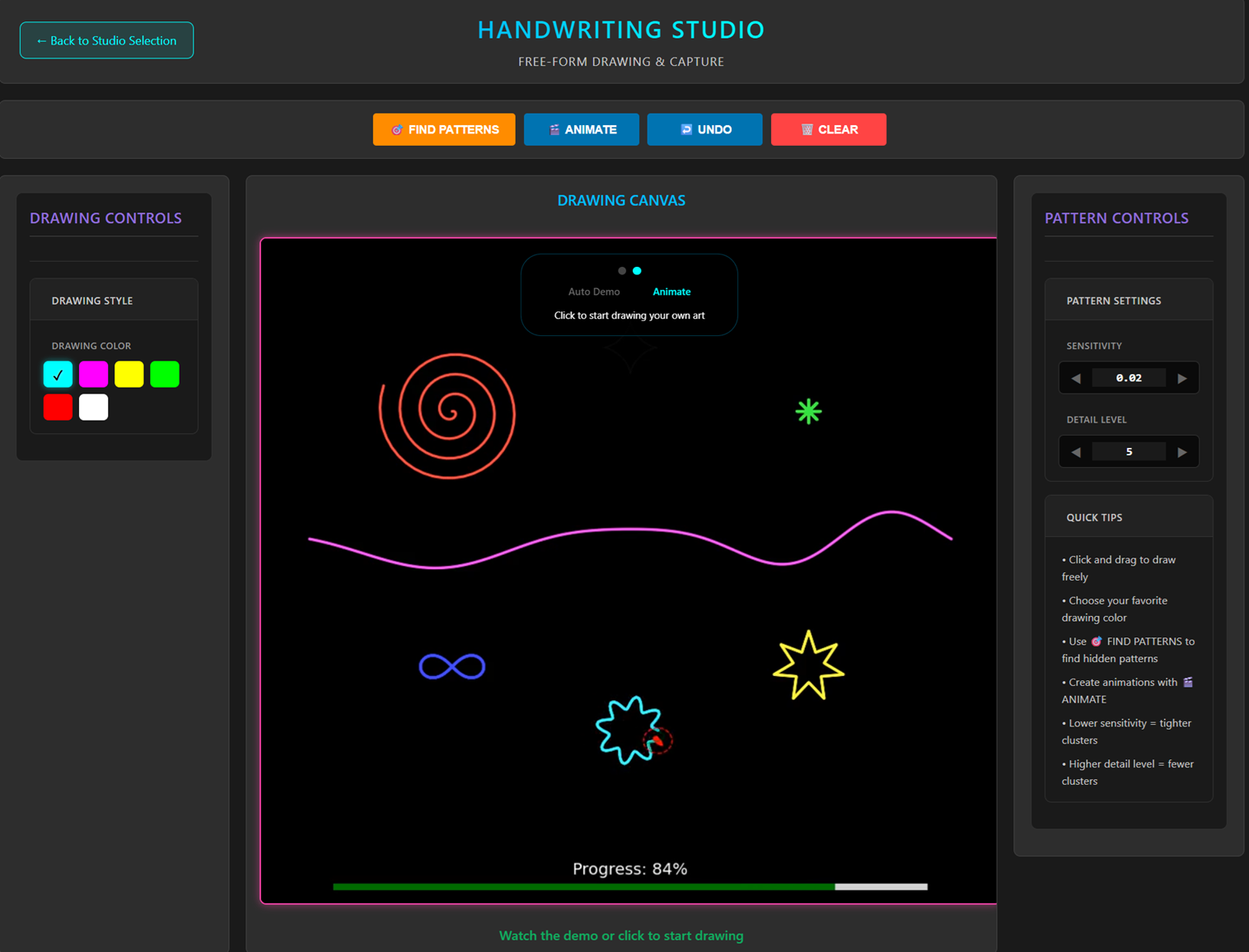 Doodle Animation Studio interface with drawing canvas showing colorful spiral, star, infinity symbol and wave drawings in autonomous demo mode