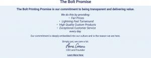 Graphic showing Bolt Printing’s Low Cost, High Quality Promise, connected to the news of its new secure checkout upgrade.