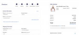 Screenshot of Bolt Printing’s self-contained online checkout system, showing streamlined steps and an order summary for custom t-shirts.