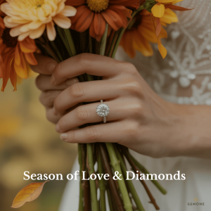 Elegant lab grown diamond engagement ring with bridal bouquet – Gemone Diamonds Fall Wedding Collection for brides, grooms, and guests.