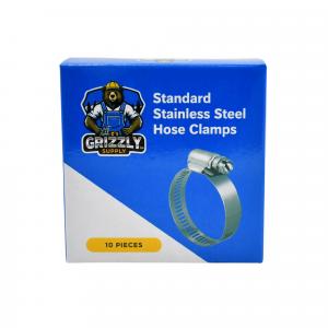 The new Grizzly Supply Stainless Steel Hose Clamps, shown in their bold, retail-ready packaging. The new product line is designed to stand out on hardware store shelves and provide a higher quality, corrosion-resistant option for professionals and DIYers.