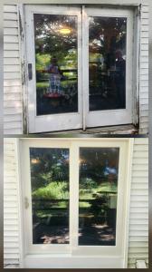 Before-and-after photo showing the upgrade from an old, worn patio door to a modern energy-efficient insulated window installed by Hatfield’s Seamless Gutters LLC.