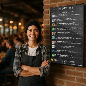 A person standing next to a digital menu powered by Untappd for Business.
