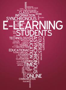 A schematic on a burgandy background with white letters that says E Learning