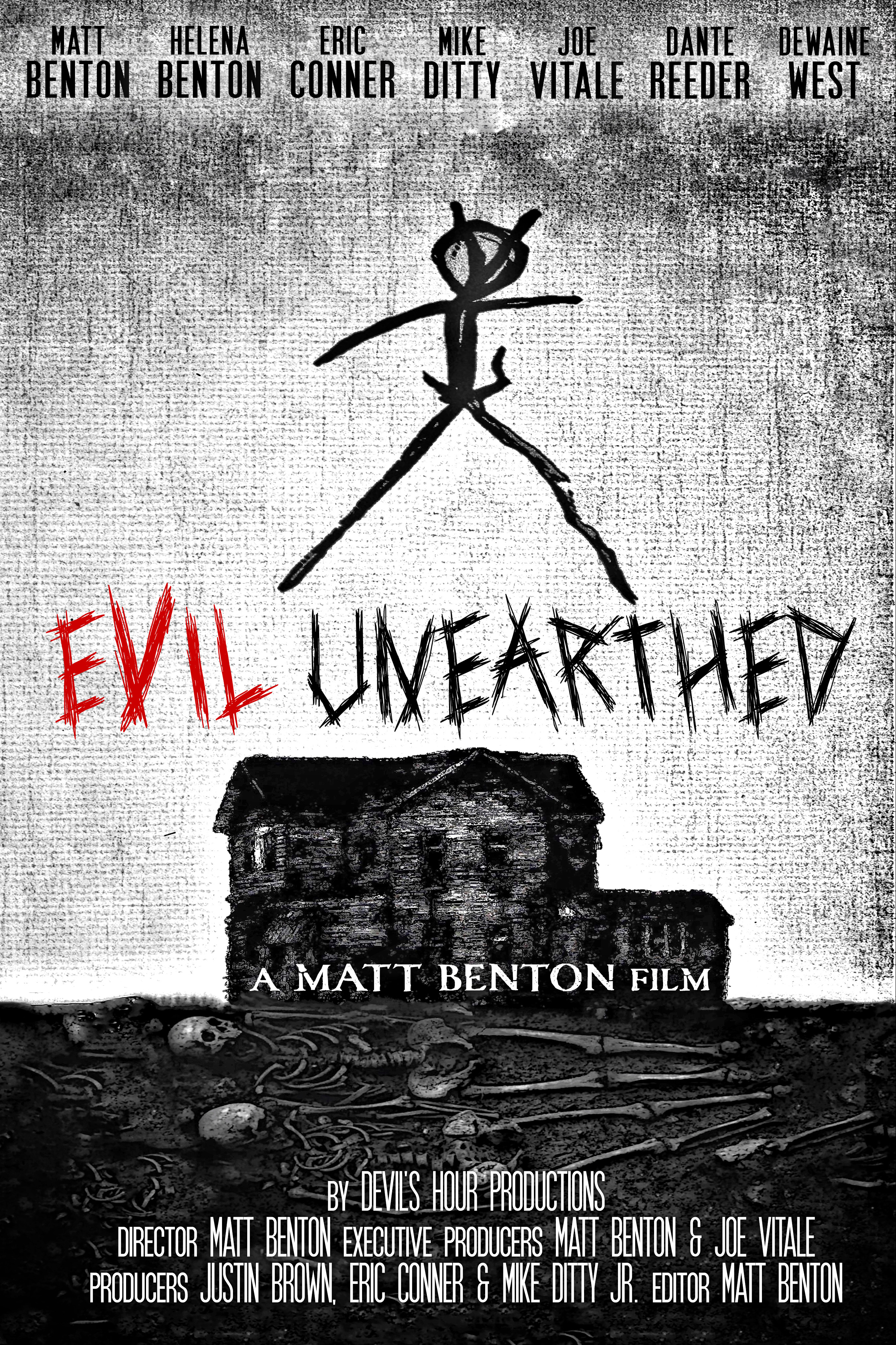 Evil Unearthed Poster as a creepy drawing of the Monroe House, ritualistic stick figure & human skeleton remains.