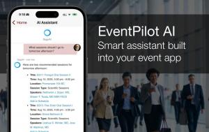Conference attendees using AI Assistant in mobile event app to find answers to their questions