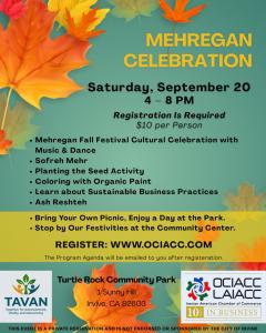 “Colorful flyer with autumn leaves promoting the Mehregan Celebration hosted by OCIACC and TAVAN at Turtle Rock Community Park in Irvine, on Saturday, September 20, 2025, from 4 to 8 PM. Event highlights include music and dance, Sofreh Mehr, planting seed