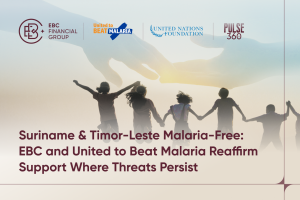 Children holding hands at sunset with EBC Financial Group, United to Beat Malaria, United Nations Foundation, and Pulse 360° podcast logos, highlighting Suriname and Timor-Leste’s malaria-free milestone and the need for continued global efforts – EBC