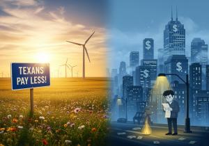 Split-screen illustration showing a contrast in energy costs: on the left, a sunny rural Texas landscape with wind turbines and a sign reading 'Texans Pay Less!'; on the right, a dark urban cityscape with dollar signs on skyscrapers, where a man stands un